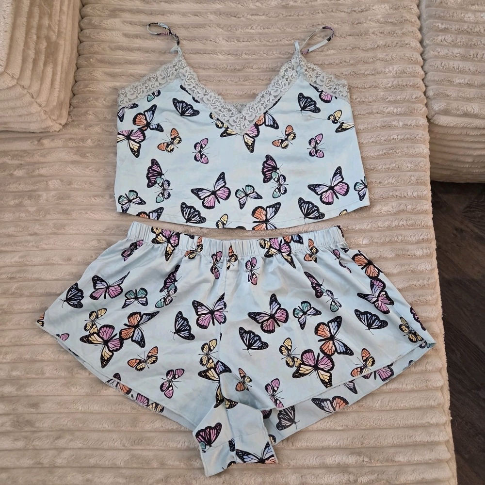 Colsie Butterfly Pajama Set Light Blue Cami Shorts M Top XS Lace Trim Satin